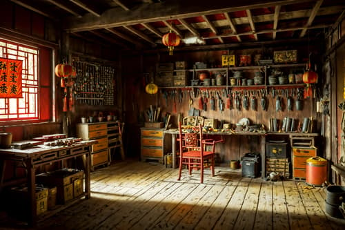photo from pinterest of chinese new year-style interior designed (workshop interior) with messy and wooden workbench and tool wall and messy. . with paper firecrackers and zodiac calendar and orange trees and door couplets and red and gold tassels and red and gold candles and mei hwa flowers and kumquat trees. . cinematic photo, highly detailed, cinematic lighting, ultra-detailed, ultrarealistic, photorealism, 8k. trending on pinterest. chinese new year interior design style. masterpiece, cinematic light, ultrarealistic+, photorealistic+, 8k, raw photo, realistic, sharp focus on eyes, (symmetrical eyes), (intact eyes), hyperrealistic, highest quality, best quality, , highly detailed, masterpiece, best quality, extremely detailed 8k wallpaper, masterpiece, best quality, ultra-detailed, best shadow, detailed background, detailed face, detailed eyes, high contrast, best illumination, detailed face, dulux, caustic, dynamic angle, detailed glow. dramatic lighting. highly detailed, insanely detailed hair, symmetrical, intricate details, professionally retouched, 8k high definition. strong bokeh. award winning photo.