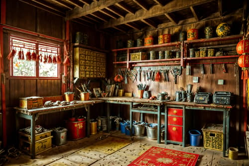 photo from pinterest of chinese new year-style interior designed (workshop interior) with messy and wooden workbench and tool wall and messy. . with paper firecrackers and zodiac calendar and orange trees and door couplets and red and gold tassels and red and gold candles and mei hwa flowers and kumquat trees. . cinematic photo, highly detailed, cinematic lighting, ultra-detailed, ultrarealistic, photorealism, 8k. trending on pinterest. chinese new year interior design style. masterpiece, cinematic light, ultrarealistic+, photorealistic+, 8k, raw photo, realistic, sharp focus on eyes, (symmetrical eyes), (intact eyes), hyperrealistic, highest quality, best quality, , highly detailed, masterpiece, best quality, extremely detailed 8k wallpaper, masterpiece, best quality, ultra-detailed, best shadow, detailed background, detailed face, detailed eyes, high contrast, best illumination, detailed face, dulux, caustic, dynamic angle, detailed glow. dramatic lighting. highly detailed, insanely detailed hair, symmetrical, intricate details, professionally retouched, 8k high definition. strong bokeh. award winning photo.