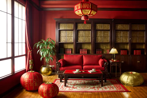 photo from pinterest of chinese new year-style interior designed (study room interior) with desk lamp and plant and writing desk and bookshelves and cabinets and lounge chair and office chair and desk lamp. . with zodiac calendar and door couplets and red and gold tassels and red fabric & pillows and chinese red lanterns and chinese knots and money tree and fai chun banners. . cinematic photo, highly detailed, cinematic lighting, ultra-detailed, ultrarealistic, photorealism, 8k. trending on pinterest. chinese new year interior design style. masterpiece, cinematic light, ultrarealistic+, photorealistic+, 8k, raw photo, realistic, sharp focus on eyes, (symmetrical eyes), (intact eyes), hyperrealistic, highest quality, best quality, , highly detailed, masterpiece, best quality, extremely detailed 8k wallpaper, masterpiece, best quality, ultra-detailed, best shadow, detailed background, detailed face, detailed eyes, high contrast, best illumination, detailed face, dulux, caustic, dynamic angle, detailed glow. dramatic lighting. highly detailed, insanely detailed hair, symmetrical, intricate details, professionally retouched, 8k high definition. strong bokeh. award winning photo.
