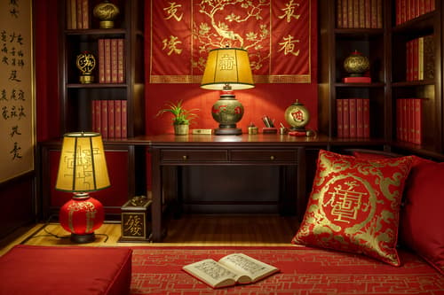 photo from pinterest of chinese new year-style interior designed (study room interior) with desk lamp and plant and writing desk and bookshelves and cabinets and lounge chair and office chair and desk lamp. . with zodiac calendar and door couplets and red and gold tassels and red fabric & pillows and chinese red lanterns and chinese knots and money tree and fai chun banners. . cinematic photo, highly detailed, cinematic lighting, ultra-detailed, ultrarealistic, photorealism, 8k. trending on pinterest. chinese new year interior design style. masterpiece, cinematic light, ultrarealistic+, photorealistic+, 8k, raw photo, realistic, sharp focus on eyes, (symmetrical eyes), (intact eyes), hyperrealistic, highest quality, best quality, , highly detailed, masterpiece, best quality, extremely detailed 8k wallpaper, masterpiece, best quality, ultra-detailed, best shadow, detailed background, detailed face, detailed eyes, high contrast, best illumination, detailed face, dulux, caustic, dynamic angle, detailed glow. dramatic lighting. highly detailed, insanely detailed hair, symmetrical, intricate details, professionally retouched, 8k high definition. strong bokeh. award winning photo.