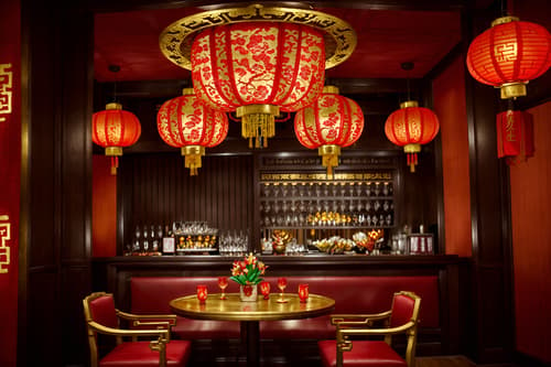 photo from pinterest of chinese new year-style interior designed (restaurant interior) with restaurant bar and restaurant chairs and restaurant dining tables and restaurant decor and restaurant bar. . with fai chun banners and chinese red lanterns and chinese knots and gold ingots and red and gold candles and vases of plum blossoms and orchids and door couplets and paper cuttings. . cinematic photo, highly detailed, cinematic lighting, ultra-detailed, ultrarealistic, photorealism, 8k. trending on pinterest. chinese new year interior design style. masterpiece, cinematic light, ultrarealistic+, photorealistic+, 8k, raw photo, realistic, sharp focus on eyes, (symmetrical eyes), (intact eyes), hyperrealistic, highest quality, best quality, , highly detailed, masterpiece, best quality, extremely detailed 8k wallpaper, masterpiece, best quality, ultra-detailed, best shadow, detailed background, detailed face, detailed eyes, high contrast, best illumination, detailed face, dulux, caustic, dynamic angle, detailed glow. dramatic lighting. highly detailed, insanely detailed hair, symmetrical, intricate details, professionally retouched, 8k high definition. strong bokeh. award winning photo.