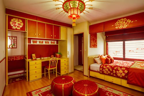 photo from pinterest of chinese new year-style interior designed (kids room interior) with kids desk and dresser closet and mirror and storage bench or ottoman and plant and accent chair and bed and headboard. . with red and gold candles and kumquat trees and chinese knots and vases of plum blossoms and orchids and door couplets and gold ingots and orange trees and paper cuttings. . cinematic photo, highly detailed, cinematic lighting, ultra-detailed, ultrarealistic, photorealism, 8k. trending on pinterest. chinese new year interior design style. masterpiece, cinematic light, ultrarealistic+, photorealistic+, 8k, raw photo, realistic, sharp focus on eyes, (symmetrical eyes), (intact eyes), hyperrealistic, highest quality, best quality, , highly detailed, masterpiece, best quality, extremely detailed 8k wallpaper, masterpiece, best quality, ultra-detailed, best shadow, detailed background, detailed face, detailed eyes, high contrast, best illumination, detailed face, dulux, caustic, dynamic angle, detailed glow. dramatic lighting. highly detailed, insanely detailed hair, symmetrical, intricate details, professionally retouched, 8k high definition. strong bokeh. award winning photo.