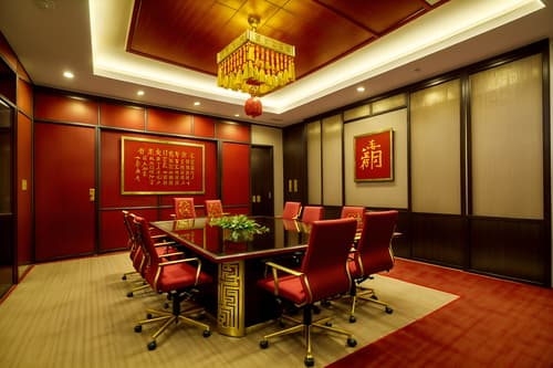 photo from pinterest of chinese new year-style interior designed (meeting room interior) with cabinets and office chairs and vase and glass walls and painting or photo on wall and boardroom table and glass doors and plant. . with red and gold candles and gold ingots and kumquat trees and zodiac calendar and paper firecrackers and chinese knots and red and gold tassels and door couplets. . cinematic photo, highly detailed, cinematic lighting, ultra-detailed, ultrarealistic, photorealism, 8k. trending on pinterest. chinese new year interior design style. masterpiece, cinematic light, ultrarealistic+, photorealistic+, 8k, raw photo, realistic, sharp focus on eyes, (symmetrical eyes), (intact eyes), hyperrealistic, highest quality, best quality, , highly detailed, masterpiece, best quality, extremely detailed 8k wallpaper, masterpiece, best quality, ultra-detailed, best shadow, detailed background, detailed face, detailed eyes, high contrast, best illumination, detailed face, dulux, caustic, dynamic angle, detailed glow. dramatic lighting. highly detailed, insanely detailed hair, symmetrical, intricate details, professionally retouched, 8k high definition. strong bokeh. award winning photo.
