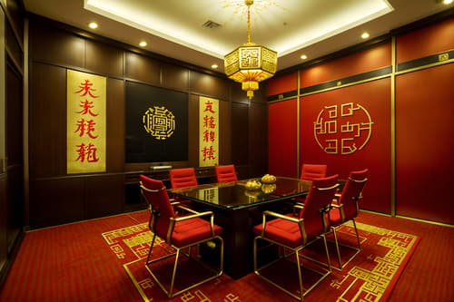 photo from pinterest of chinese new year-style interior designed (meeting room interior) with cabinets and office chairs and vase and glass walls and painting or photo on wall and boardroom table and glass doors and plant. . with red and gold candles and gold ingots and kumquat trees and zodiac calendar and paper firecrackers and chinese knots and red and gold tassels and door couplets. . cinematic photo, highly detailed, cinematic lighting, ultra-detailed, ultrarealistic, photorealism, 8k. trending on pinterest. chinese new year interior design style. masterpiece, cinematic light, ultrarealistic+, photorealistic+, 8k, raw photo, realistic, sharp focus on eyes, (symmetrical eyes), (intact eyes), hyperrealistic, highest quality, best quality, , highly detailed, masterpiece, best quality, extremely detailed 8k wallpaper, masterpiece, best quality, ultra-detailed, best shadow, detailed background, detailed face, detailed eyes, high contrast, best illumination, detailed face, dulux, caustic, dynamic angle, detailed glow. dramatic lighting. highly detailed, insanely detailed hair, symmetrical, intricate details, professionally retouched, 8k high definition. strong bokeh. award winning photo.