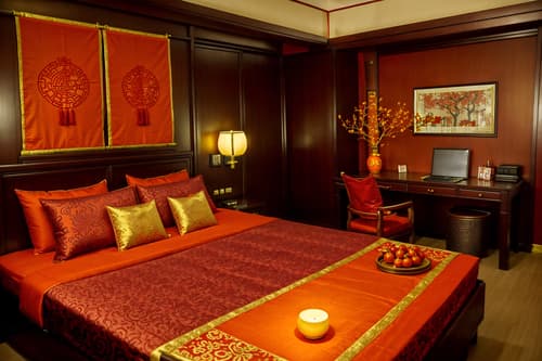 photo from pinterest of chinese new year-style interior designed (hotel room interior) with storage bench or ottoman and working desk with desk chair and hotel bathroom and headboard and night light and mirror and dresser closet and bed. . with door couplets and red and gold candles and gold ingots and kumquat trees and orange trees and fai chun banners and chinese knots and vases of plum blossoms and orchids. . cinematic photo, highly detailed, cinematic lighting, ultra-detailed, ultrarealistic, photorealism, 8k. trending on pinterest. chinese new year interior design style. masterpiece, cinematic light, ultrarealistic+, photorealistic+, 8k, raw photo, realistic, sharp focus on eyes, (symmetrical eyes), (intact eyes), hyperrealistic, highest quality, best quality, , highly detailed, masterpiece, best quality, extremely detailed 8k wallpaper, masterpiece, best quality, ultra-detailed, best shadow, detailed background, detailed face, detailed eyes, high contrast, best illumination, detailed face, dulux, caustic, dynamic angle, detailed glow. dramatic lighting. highly detailed, insanely detailed hair, symmetrical, intricate details, professionally retouched, 8k high definition. strong bokeh. award winning photo.
