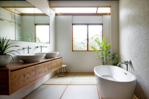 photo from pinterest of zen-style interior designed (bathroom interior) with bath rail and shower and bathroom cabinet and plant and bath towel and waste basket and mirror and bathroom sink with faucet. . with asian zen interior and simple furniture and simplicity and serenity and harmony and asian zen interior and japanese minimalist interior and clutter free and japanese minimalist interior. . cinematic photo, highly detailed, cinematic lighting, ultra-detailed, ultrarealistic, photorealism, 8k. trending on pinterest. zen interior design style. masterpiece, cinematic light, ultrarealistic+, photorealistic+, 8k, raw photo, realistic, sharp focus on eyes, (symmetrical eyes), (intact eyes), hyperrealistic, highest quality, best quality, , highly detailed, masterpiece, best quality, extremely detailed 8k wallpaper, masterpiece, best quality, ultra-detailed, best shadow, detailed background, detailed face, detailed eyes, high contrast, best illumination, detailed face, dulux, caustic, dynamic angle, detailed glow. dramatic lighting. highly detailed, insanely detailed hair, symmetrical, intricate details, professionally retouched, 8k high definition. strong bokeh. award winning photo.