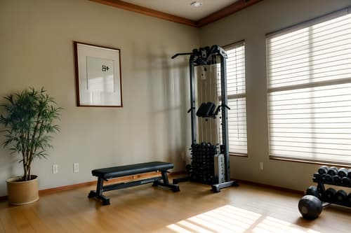 photo from pinterest of zen-style interior designed (fitness gym interior) with crosstrainer and bench press and dumbbell stand and exercise bicycle and squat rack and crosstrainer. . with serenity and harmony and calm and neutral colors and japanese interior and natural light and japanese minimalist interior and simple furniture and asian zen interior and asian interior. . cinematic photo, highly detailed, cinematic lighting, ultra-detailed, ultrarealistic, photorealism, 8k. trending on pinterest. zen interior design style. masterpiece, cinematic light, ultrarealistic+, photorealistic+, 8k, raw photo, realistic, sharp focus on eyes, (symmetrical eyes), (intact eyes), hyperrealistic, highest quality, best quality, , highly detailed, masterpiece, best quality, extremely detailed 8k wallpaper, masterpiece, best quality, ultra-detailed, best shadow, detailed background, detailed face, detailed eyes, high contrast, best illumination, detailed face, dulux, caustic, dynamic angle, detailed glow. dramatic lighting. highly detailed, insanely detailed hair, symmetrical, intricate details, professionally retouched, 8k high definition. strong bokeh. award winning photo.