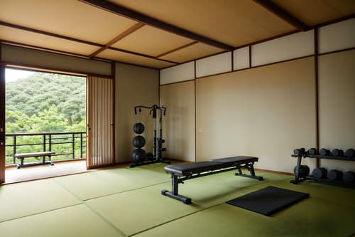 photo from pinterest of zen-style interior designed (fitness gym interior) with crosstrainer and bench press and dumbbell stand and exercise bicycle and squat rack and crosstrainer. . with serenity and harmony and calm and neutral colors and japanese interior and natural light and japanese minimalist interior and simple furniture and asian zen interior and asian interior. . cinematic photo, highly detailed, cinematic lighting, ultra-detailed, ultrarealistic, photorealism, 8k. trending on pinterest. zen interior design style. masterpiece, cinematic light, ultrarealistic+, photorealistic+, 8k, raw photo, realistic, sharp focus on eyes, (symmetrical eyes), (intact eyes), hyperrealistic, highest quality, best quality, , highly detailed, masterpiece, best quality, extremely detailed 8k wallpaper, masterpiece, best quality, ultra-detailed, best shadow, detailed background, detailed face, detailed eyes, high contrast, best illumination, detailed face, dulux, caustic, dynamic angle, detailed glow. dramatic lighting. highly detailed, insanely detailed hair, symmetrical, intricate details, professionally retouched, 8k high definition. strong bokeh. award winning photo.