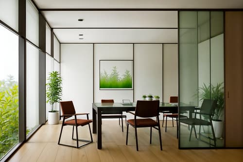 photo from pinterest of zen-style interior designed (meeting room interior) with plant and glass walls and cabinets and painting or photo on wall and vase and boardroom table and glass doors and office chairs. . with japanese minimalist interior and japanese minimalist interior and clutter free and japanese interior and calm and neutral colors and natural textures and japanese minimalist interior and serenity and harmony. . cinematic photo, highly detailed, cinematic lighting, ultra-detailed, ultrarealistic, photorealism, 8k. trending on pinterest. zen interior design style. masterpiece, cinematic light, ultrarealistic+, photorealistic+, 8k, raw photo, realistic, sharp focus on eyes, (symmetrical eyes), (intact eyes), hyperrealistic, highest quality, best quality, , highly detailed, masterpiece, best quality, extremely detailed 8k wallpaper, masterpiece, best quality, ultra-detailed, best shadow, detailed background, detailed face, detailed eyes, high contrast, best illumination, detailed face, dulux, caustic, dynamic angle, detailed glow. dramatic lighting. highly detailed, insanely detailed hair, symmetrical, intricate details, professionally retouched, 8k high definition. strong bokeh. award winning photo.