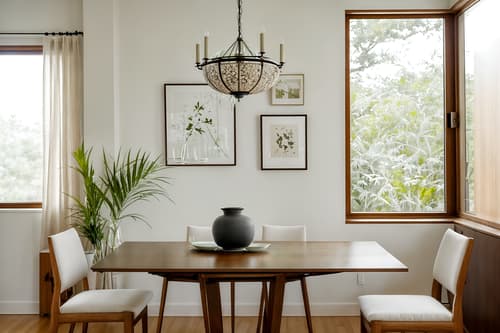 photo from pinterest of zen-style interior designed (dining room interior) with vase and dining table and plant and plates, cutlery and glasses on dining table and dining table chairs and painting or photo on wall and light or chandelier and bookshelves. . with serenity and harmony and natural light and natural textures and simplicity and asian interior and simple furniture and calm and neutral colors and japanese minimalist interior. . cinematic photo, highly detailed, cinematic lighting, ultra-detailed, ultrarealistic, photorealism, 8k. trending on pinterest. zen interior design style. masterpiece, cinematic light, ultrarealistic+, photorealistic+, 8k, raw photo, realistic, sharp focus on eyes, (symmetrical eyes), (intact eyes), hyperrealistic, highest quality, best quality, , highly detailed, masterpiece, best quality, extremely detailed 8k wallpaper, masterpiece, best quality, ultra-detailed, best shadow, detailed background, detailed face, detailed eyes, high contrast, best illumination, detailed face, dulux, caustic, dynamic angle, detailed glow. dramatic lighting. highly detailed, insanely detailed hair, symmetrical, intricate details, professionally retouched, 8k high definition. strong bokeh. award winning photo.