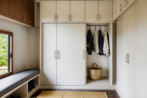 photo from pinterest of zen-style interior designed (mudroom interior) with storage baskets and wall hooks for coats and cabinets and shelves for shoes and storage drawers and cubbies and a bench and high up storage. . with asian zen interior and asian zen interior and japanese minimalist interior and serenity and harmony and simplicity and calm and neutral colors and japanese interior and japanese minimalist interior. . cinematic photo, highly detailed, cinematic lighting, ultra-detailed, ultrarealistic, photorealism, 8k. trending on pinterest. zen interior design style. masterpiece, cinematic light, ultrarealistic+, photorealistic+, 8k, raw photo, realistic, sharp focus on eyes, (symmetrical eyes), (intact eyes), hyperrealistic, highest quality, best quality, , highly detailed, masterpiece, best quality, extremely detailed 8k wallpaper, masterpiece, best quality, ultra-detailed, best shadow, detailed background, detailed face, detailed eyes, high contrast, best illumination, detailed face, dulux, caustic, dynamic angle, detailed glow. dramatic lighting. highly detailed, insanely detailed hair, symmetrical, intricate details, professionally retouched, 8k high definition. strong bokeh. award winning photo.