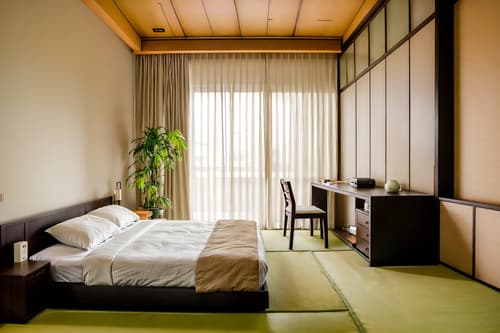 photo from pinterest of zen-style interior designed (hotel room interior) with accent chair and working desk with desk chair and dresser closet and storage bench or ottoman and mirror and bed and bedside table or night stand and plant. . with japanese minimalist interior and calm and neutral colors and asian zen interior and asian zen interior and asian interior and japanese minimalist interior and mimimalist and japanese interior. . cinematic photo, highly detailed, cinematic lighting, ultra-detailed, ultrarealistic, photorealism, 8k. trending on pinterest. zen interior design style. masterpiece, cinematic light, ultrarealistic+, photorealistic+, 8k, raw photo, realistic, sharp focus on eyes, (symmetrical eyes), (intact eyes), hyperrealistic, highest quality, best quality, , highly detailed, masterpiece, best quality, extremely detailed 8k wallpaper, masterpiece, best quality, ultra-detailed, best shadow, detailed background, detailed face, detailed eyes, high contrast, best illumination, detailed face, dulux, caustic, dynamic angle, detailed glow. dramatic lighting. highly detailed, insanely detailed hair, symmetrical, intricate details, professionally retouched, 8k high definition. strong bokeh. award winning photo.