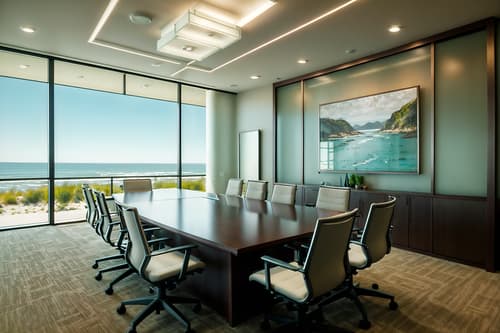 photo from pinterest of coastal-style interior designed (meeting room interior) with boardroom table and office chairs and painting or photo on wall and glass doors and glass walls and cabinets and plant and vase. . with . . cinematic photo, highly detailed, cinematic lighting, ultra-detailed, ultrarealistic, photorealism, 8k. trending on pinterest. coastal interior design style. masterpiece, cinematic light, ultrarealistic+, photorealistic+, 8k, raw photo, realistic, sharp focus on eyes, (symmetrical eyes), (intact eyes), hyperrealistic, highest quality, best quality, , highly detailed, masterpiece, best quality, extremely detailed 8k wallpaper, masterpiece, best quality, ultra-detailed, best shadow, detailed background, detailed face, detailed eyes, high contrast, best illumination, detailed face, dulux, caustic, dynamic angle, detailed glow. dramatic lighting. highly detailed, insanely detailed hair, symmetrical, intricate details, professionally retouched, 8k high definition. strong bokeh. award winning photo.