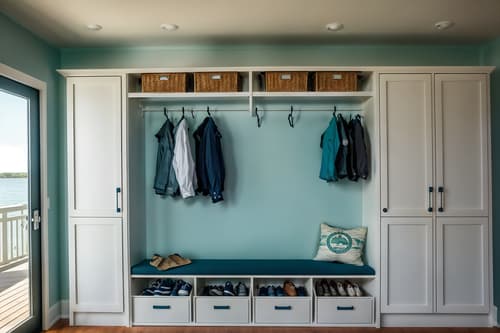 photo from pinterest of coastal-style interior designed (drop zone interior) with cubbies and cabinets and a bench and shelves for shoes and lockers and storage baskets and high up storage and storage drawers. . with . . cinematic photo, highly detailed, cinematic lighting, ultra-detailed, ultrarealistic, photorealism, 8k. trending on pinterest. coastal interior design style. masterpiece, cinematic light, ultrarealistic+, photorealistic+, 8k, raw photo, realistic, sharp focus on eyes, (symmetrical eyes), (intact eyes), hyperrealistic, highest quality, best quality, , highly detailed, masterpiece, best quality, extremely detailed 8k wallpaper, masterpiece, best quality, ultra-detailed, best shadow, detailed background, detailed face, detailed eyes, high contrast, best illumination, detailed face, dulux, caustic, dynamic angle, detailed glow. dramatic lighting. highly detailed, insanely detailed hair, symmetrical, intricate details, professionally retouched, 8k high definition. strong bokeh. award winning photo.
