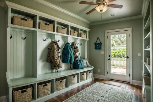 photo from pinterest of coastal-style interior designed (mudroom interior) with wall hooks for coats and cubbies and storage baskets and cabinets and high up storage and shelves for shoes and a bench and storage drawers. . with . . cinematic photo, highly detailed, cinematic lighting, ultra-detailed, ultrarealistic, photorealism, 8k. trending on pinterest. coastal interior design style. masterpiece, cinematic light, ultrarealistic+, photorealistic+, 8k, raw photo, realistic, sharp focus on eyes, (symmetrical eyes), (intact eyes), hyperrealistic, highest quality, best quality, , highly detailed, masterpiece, best quality, extremely detailed 8k wallpaper, masterpiece, best quality, ultra-detailed, best shadow, detailed background, detailed face, detailed eyes, high contrast, best illumination, detailed face, dulux, caustic, dynamic angle, detailed glow. dramatic lighting. highly detailed, insanely detailed hair, symmetrical, intricate details, professionally retouched, 8k high definition. strong bokeh. award winning photo.