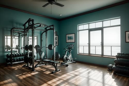 photo from pinterest of coastal-style interior designed (fitness gym interior) with exercise bicycle and squat rack and crosstrainer and bench press and dumbbell stand and exercise bicycle. . with . . cinematic photo, highly detailed, cinematic lighting, ultra-detailed, ultrarealistic, photorealism, 8k. trending on pinterest. coastal interior design style. masterpiece, cinematic light, ultrarealistic+, photorealistic+, 8k, raw photo, realistic, sharp focus on eyes, (symmetrical eyes), (intact eyes), hyperrealistic, highest quality, best quality, , highly detailed, masterpiece, best quality, extremely detailed 8k wallpaper, masterpiece, best quality, ultra-detailed, best shadow, detailed background, detailed face, detailed eyes, high contrast, best illumination, detailed face, dulux, caustic, dynamic angle, detailed glow. dramatic lighting. highly detailed, insanely detailed hair, symmetrical, intricate details, professionally retouched, 8k high definition. strong bokeh. award winning photo.