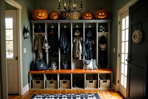 photo from pinterest of halloween-style interior designed (mudroom interior) with storage drawers and wall hooks for coats and high up storage and a bench and cubbies and storage baskets and cabinets and shelves for shoes. . with cobwebs and lanterns and cobwebs and spiderwebs and lanterns and skeletons sitting and standing and human skulls and glowing pumpkins. . cinematic photo, highly detailed, cinematic lighting, ultra-detailed, ultrarealistic, photorealism, 8k. trending on pinterest. halloween interior design style. masterpiece, cinematic light, ultrarealistic+, photorealistic+, 8k, raw photo, realistic, sharp focus on eyes, (symmetrical eyes), (intact eyes), hyperrealistic, highest quality, best quality, , highly detailed, masterpiece, best quality, extremely detailed 8k wallpaper, masterpiece, best quality, ultra-detailed, best shadow, detailed background, detailed face, detailed eyes, high contrast, best illumination, detailed face, dulux, caustic, dynamic angle, detailed glow. dramatic lighting. highly detailed, insanely detailed hair, symmetrical, intricate details, professionally retouched, 8k high definition. strong bokeh. award winning photo.
