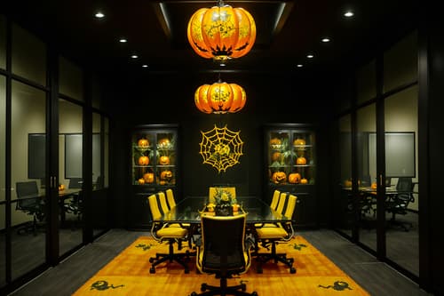photo from pinterest of halloween-style interior designed (meeting room interior) with plant and glass walls and cabinets and boardroom table and office chairs and glass doors and vase and painting or photo on wall. . with cobwebs and glowing pumpkins and lanterns and spiderwebs and human skulls and lanterns and yellow black balloons and skeletons sitting and standing. . cinematic photo, highly detailed, cinematic lighting, ultra-detailed, ultrarealistic, photorealism, 8k. trending on pinterest. halloween interior design style. masterpiece, cinematic light, ultrarealistic+, photorealistic+, 8k, raw photo, realistic, sharp focus on eyes, (symmetrical eyes), (intact eyes), hyperrealistic, highest quality, best quality, , highly detailed, masterpiece, best quality, extremely detailed 8k wallpaper, masterpiece, best quality, ultra-detailed, best shadow, detailed background, detailed face, detailed eyes, high contrast, best illumination, detailed face, dulux, caustic, dynamic angle, detailed glow. dramatic lighting. highly detailed, insanely detailed hair, symmetrical, intricate details, professionally retouched, 8k high definition. strong bokeh. award winning photo.
