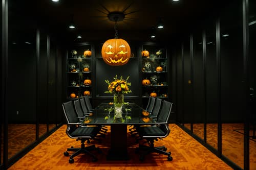 photo from pinterest of halloween-style interior designed (meeting room interior) with plant and glass walls and cabinets and boardroom table and office chairs and glass doors and vase and painting or photo on wall. . with cobwebs and glowing pumpkins and lanterns and spiderwebs and human skulls and lanterns and yellow black balloons and skeletons sitting and standing. . cinematic photo, highly detailed, cinematic lighting, ultra-detailed, ultrarealistic, photorealism, 8k. trending on pinterest. halloween interior design style. masterpiece, cinematic light, ultrarealistic+, photorealistic+, 8k, raw photo, realistic, sharp focus on eyes, (symmetrical eyes), (intact eyes), hyperrealistic, highest quality, best quality, , highly detailed, masterpiece, best quality, extremely detailed 8k wallpaper, masterpiece, best quality, ultra-detailed, best shadow, detailed background, detailed face, detailed eyes, high contrast, best illumination, detailed face, dulux, caustic, dynamic angle, detailed glow. dramatic lighting. highly detailed, insanely detailed hair, symmetrical, intricate details, professionally retouched, 8k high definition. strong bokeh. award winning photo.
