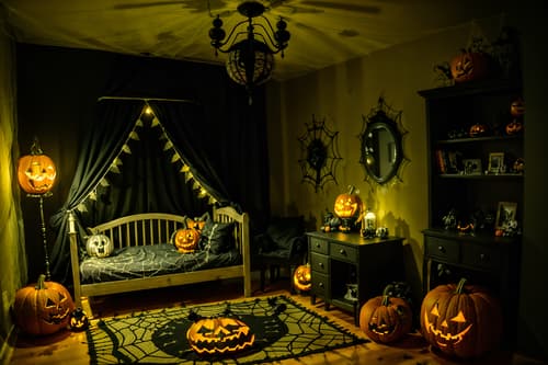 photo from pinterest of halloween-style interior designed (kids room interior) with accent chair and night light and mirror and bed and storage bench or ottoman and bedside table or night stand and dresser closet and plant. . with cobwebs and lanterns and spiderwebs and yellow black balloons and glowing pumpkins and skeletons sitting and standing and lanterns and cobwebs. . cinematic photo, highly detailed, cinematic lighting, ultra-detailed, ultrarealistic, photorealism, 8k. trending on pinterest. halloween interior design style. masterpiece, cinematic light, ultrarealistic+, photorealistic+, 8k, raw photo, realistic, sharp focus on eyes, (symmetrical eyes), (intact eyes), hyperrealistic, highest quality, best quality, , highly detailed, masterpiece, best quality, extremely detailed 8k wallpaper, masterpiece, best quality, ultra-detailed, best shadow, detailed background, detailed face, detailed eyes, high contrast, best illumination, detailed face, dulux, caustic, dynamic angle, detailed glow. dramatic lighting. highly detailed, insanely detailed hair, symmetrical, intricate details, professionally retouched, 8k high definition. strong bokeh. award winning photo.