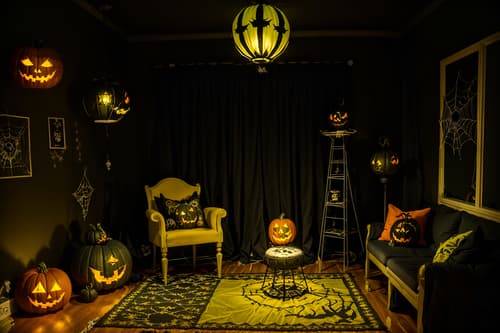 photo from pinterest of halloween-style interior designed (kids room interior) with accent chair and night light and mirror and bed and storage bench or ottoman and bedside table or night stand and dresser closet and plant. . with cobwebs and lanterns and spiderwebs and yellow black balloons and glowing pumpkins and skeletons sitting and standing and lanterns and cobwebs. . cinematic photo, highly detailed, cinematic lighting, ultra-detailed, ultrarealistic, photorealism, 8k. trending on pinterest. halloween interior design style. masterpiece, cinematic light, ultrarealistic+, photorealistic+, 8k, raw photo, realistic, sharp focus on eyes, (symmetrical eyes), (intact eyes), hyperrealistic, highest quality, best quality, , highly detailed, masterpiece, best quality, extremely detailed 8k wallpaper, masterpiece, best quality, ultra-detailed, best shadow, detailed background, detailed face, detailed eyes, high contrast, best illumination, detailed face, dulux, caustic, dynamic angle, detailed glow. dramatic lighting. highly detailed, insanely detailed hair, symmetrical, intricate details, professionally retouched, 8k high definition. strong bokeh. award winning photo.