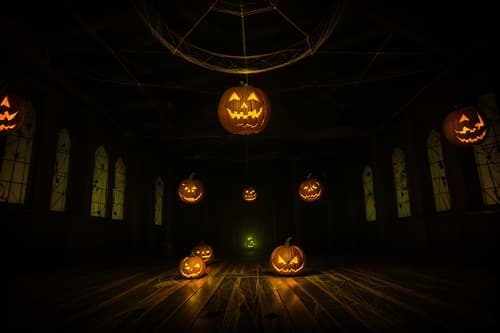 photo from pinterest of halloween-style interior designed (exhibition space interior) . with cobwebs and glowing pumpkins and human skulls and lanterns and cobwebs and spiderwebs and lanterns and yellow black balloons. . cinematic photo, highly detailed, cinematic lighting, ultra-detailed, ultrarealistic, photorealism, 8k. trending on pinterest. halloween interior design style. masterpiece, cinematic light, ultrarealistic+, photorealistic+, 8k, raw photo, realistic, sharp focus on eyes, (symmetrical eyes), (intact eyes), hyperrealistic, highest quality, best quality, , highly detailed, masterpiece, best quality, extremely detailed 8k wallpaper, masterpiece, best quality, ultra-detailed, best shadow, detailed background, detailed face, detailed eyes, high contrast, best illumination, detailed face, dulux, caustic, dynamic angle, detailed glow. dramatic lighting. highly detailed, insanely detailed hair, symmetrical, intricate details, professionally retouched, 8k high definition. strong bokeh. award winning photo.