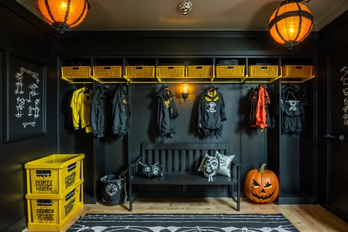 photo from pinterest of halloween-style interior designed (drop zone interior) with a bench and storage baskets and lockers and cabinets and shelves for shoes and cubbies and wall hooks for coats and high up storage. . with skeletons sitting and standing and yellow black balloons and lanterns and spiderwebs and cobwebs and cobwebs and human skulls and lanterns. . cinematic photo, highly detailed, cinematic lighting, ultra-detailed, ultrarealistic, photorealism, 8k. trending on pinterest. halloween interior design style. masterpiece, cinematic light, ultrarealistic+, photorealistic+, 8k, raw photo, realistic, sharp focus on eyes, (symmetrical eyes), (intact eyes), hyperrealistic, highest quality, best quality, , highly detailed, masterpiece, best quality, extremely detailed 8k wallpaper, masterpiece, best quality, ultra-detailed, best shadow, detailed background, detailed face, detailed eyes, high contrast, best illumination, detailed face, dulux, caustic, dynamic angle, detailed glow. dramatic lighting. highly detailed, insanely detailed hair, symmetrical, intricate details, professionally retouched, 8k high definition. strong bokeh. award winning photo.