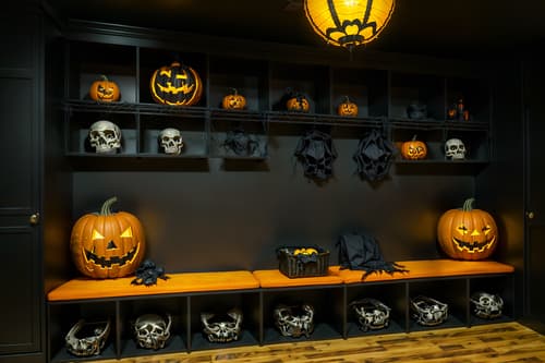 photo from pinterest of halloween-style interior designed (drop zone interior) with a bench and storage baskets and lockers and cabinets and shelves for shoes and cubbies and wall hooks for coats and high up storage. . with skeletons sitting and standing and yellow black balloons and lanterns and spiderwebs and cobwebs and cobwebs and human skulls and lanterns. . cinematic photo, highly detailed, cinematic lighting, ultra-detailed, ultrarealistic, photorealism, 8k. trending on pinterest. halloween interior design style. masterpiece, cinematic light, ultrarealistic+, photorealistic+, 8k, raw photo, realistic, sharp focus on eyes, (symmetrical eyes), (intact eyes), hyperrealistic, highest quality, best quality, , highly detailed, masterpiece, best quality, extremely detailed 8k wallpaper, masterpiece, best quality, ultra-detailed, best shadow, detailed background, detailed face, detailed eyes, high contrast, best illumination, detailed face, dulux, caustic, dynamic angle, detailed glow. dramatic lighting. highly detailed, insanely detailed hair, symmetrical, intricate details, professionally retouched, 8k high definition. strong bokeh. award winning photo.