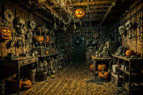 photo from pinterest of halloween-style interior designed (workshop interior) with messy and tool wall and wooden workbench and messy. . with glowing pumpkins and cobwebs and cobwebs and spiderwebs and lanterns and yellow black balloons and skeletons sitting and standing and human skulls. . cinematic photo, highly detailed, cinematic lighting, ultra-detailed, ultrarealistic, photorealism, 8k. trending on pinterest. halloween interior design style. masterpiece, cinematic light, ultrarealistic+, photorealistic+, 8k, raw photo, realistic, sharp focus on eyes, (symmetrical eyes), (intact eyes), hyperrealistic, highest quality, best quality, , highly detailed, masterpiece, best quality, extremely detailed 8k wallpaper, masterpiece, best quality, ultra-detailed, best shadow, detailed background, detailed face, detailed eyes, high contrast, best illumination, detailed face, dulux, caustic, dynamic angle, detailed glow. dramatic lighting. highly detailed, insanely detailed hair, symmetrical, intricate details, professionally retouched, 8k high definition. strong bokeh. award winning photo.