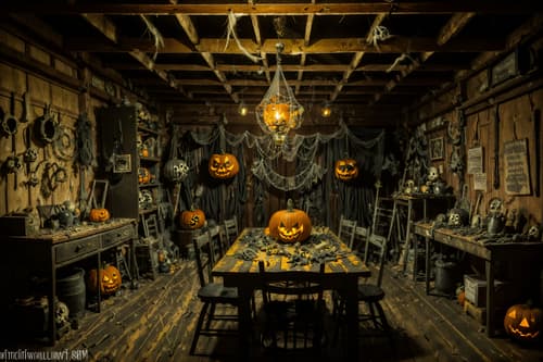 photo from pinterest of halloween-style interior designed (workshop interior) with messy and tool wall and wooden workbench and messy. . with glowing pumpkins and cobwebs and cobwebs and spiderwebs and lanterns and yellow black balloons and skeletons sitting and standing and human skulls. . cinematic photo, highly detailed, cinematic lighting, ultra-detailed, ultrarealistic, photorealism, 8k. trending on pinterest. halloween interior design style. masterpiece, cinematic light, ultrarealistic+, photorealistic+, 8k, raw photo, realistic, sharp focus on eyes, (symmetrical eyes), (intact eyes), hyperrealistic, highest quality, best quality, , highly detailed, masterpiece, best quality, extremely detailed 8k wallpaper, masterpiece, best quality, ultra-detailed, best shadow, detailed background, detailed face, detailed eyes, high contrast, best illumination, detailed face, dulux, caustic, dynamic angle, detailed glow. dramatic lighting. highly detailed, insanely detailed hair, symmetrical, intricate details, professionally retouched, 8k high definition. strong bokeh. award winning photo.