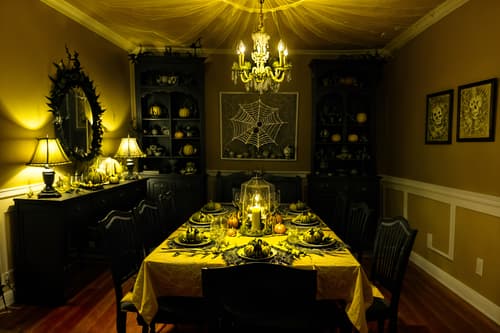 photo from pinterest of halloween-style interior designed (dining room interior) with plant and table cloth and painting or photo on wall and bookshelves and light or chandelier and dining table and vase and plates, cutlery and glasses on dining table. . with spiderwebs and cobwebs and lanterns and cobwebs and yellow black balloons and lanterns and glowing pumpkins and human skulls. . cinematic photo, highly detailed, cinematic lighting, ultra-detailed, ultrarealistic, photorealism, 8k. trending on pinterest. halloween interior design style. masterpiece, cinematic light, ultrarealistic+, photorealistic+, 8k, raw photo, realistic, sharp focus on eyes, (symmetrical eyes), (intact eyes), hyperrealistic, highest quality, best quality, , highly detailed, masterpiece, best quality, extremely detailed 8k wallpaper, masterpiece, best quality, ultra-detailed, best shadow, detailed background, detailed face, detailed eyes, high contrast, best illumination, detailed face, dulux, caustic, dynamic angle, detailed glow. dramatic lighting. highly detailed, insanely detailed hair, symmetrical, intricate details, professionally retouched, 8k high definition. strong bokeh. award winning photo.