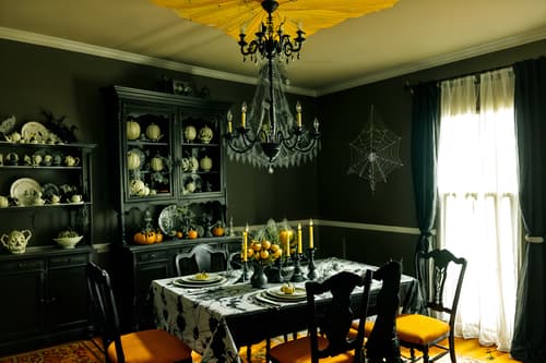 photo from pinterest of halloween-style interior designed (dining room interior) with plant and table cloth and painting or photo on wall and bookshelves and light or chandelier and dining table and vase and plates, cutlery and glasses on dining table. . with spiderwebs and cobwebs and lanterns and cobwebs and yellow black balloons and lanterns and glowing pumpkins and human skulls. . cinematic photo, highly detailed, cinematic lighting, ultra-detailed, ultrarealistic, photorealism, 8k. trending on pinterest. halloween interior design style. masterpiece, cinematic light, ultrarealistic+, photorealistic+, 8k, raw photo, realistic, sharp focus on eyes, (symmetrical eyes), (intact eyes), hyperrealistic, highest quality, best quality, , highly detailed, masterpiece, best quality, extremely detailed 8k wallpaper, masterpiece, best quality, ultra-detailed, best shadow, detailed background, detailed face, detailed eyes, high contrast, best illumination, detailed face, dulux, caustic, dynamic angle, detailed glow. dramatic lighting. highly detailed, insanely detailed hair, symmetrical, intricate details, professionally retouched, 8k high definition. strong bokeh. award winning photo.