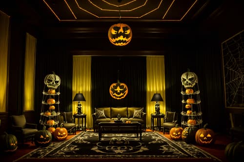 photo from pinterest of halloween-style interior designed (hotel lobby interior) with plant and check in desk and furniture and rug and sofas and coffee tables and hanging lamps and lounge chairs. . with skeletons sitting and standing and cobwebs and glowing pumpkins and yellow black balloons and lanterns and lanterns and human skulls and spiderwebs. . cinematic photo, highly detailed, cinematic lighting, ultra-detailed, ultrarealistic, photorealism, 8k. trending on pinterest. halloween interior design style. masterpiece, cinematic light, ultrarealistic+, photorealistic+, 8k, raw photo, realistic, sharp focus on eyes, (symmetrical eyes), (intact eyes), hyperrealistic, highest quality, best quality, , highly detailed, masterpiece, best quality, extremely detailed 8k wallpaper, masterpiece, best quality, ultra-detailed, best shadow, detailed background, detailed face, detailed eyes, high contrast, best illumination, detailed face, dulux, caustic, dynamic angle, detailed glow. dramatic lighting. highly detailed, insanely detailed hair, symmetrical, intricate details, professionally retouched, 8k high definition. strong bokeh. award winning photo.
