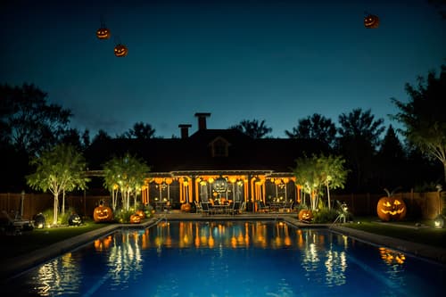 photo from pinterest of halloween-style designed (outdoor pool area ) with pool and pool lights and pool lounge chairs and pool. . with spiderwebs and glowing pumpkins and cobwebs and yellow black balloons and skeletons sitting and standing and human skulls and cobwebs and lanterns. . cinematic photo, highly detailed, cinematic lighting, ultra-detailed, ultrarealistic, photorealism, 8k. trending on pinterest. halloween design style. masterpiece, cinematic light, ultrarealistic+, photorealistic+, 8k, raw photo, realistic, sharp focus on eyes, (symmetrical eyes), (intact eyes), hyperrealistic, highest quality, best quality, , highly detailed, masterpiece, best quality, extremely detailed 8k wallpaper, masterpiece, best quality, ultra-detailed, best shadow, detailed background, detailed face, detailed eyes, high contrast, best illumination, detailed face, dulux, caustic, dynamic angle, detailed glow. dramatic lighting. highly detailed, insanely detailed hair, symmetrical, intricate details, professionally retouched, 8k high definition. strong bokeh. award winning photo.