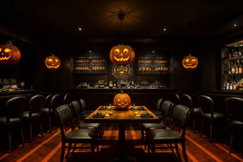photo from pinterest of halloween-style interior designed (restaurant interior) with restaurant chairs and restaurant bar and restaurant decor and restaurant dining tables and restaurant chairs. . with glowing pumpkins and skeletons sitting and standing and lanterns and human skulls and spiderwebs and lanterns and cobwebs and yellow black balloons. . cinematic photo, highly detailed, cinematic lighting, ultra-detailed, ultrarealistic, photorealism, 8k. trending on pinterest. halloween interior design style. masterpiece, cinematic light, ultrarealistic+, photorealistic+, 8k, raw photo, realistic, sharp focus on eyes, (symmetrical eyes), (intact eyes), hyperrealistic, highest quality, best quality, , highly detailed, masterpiece, best quality, extremely detailed 8k wallpaper, masterpiece, best quality, ultra-detailed, best shadow, detailed background, detailed face, detailed eyes, high contrast, best illumination, detailed face, dulux, caustic, dynamic angle, detailed glow. dramatic lighting. highly detailed, insanely detailed hair, symmetrical, intricate details, professionally retouched, 8k high definition. strong bokeh. award winning photo.