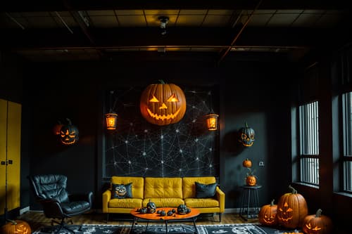 photo from pinterest of halloween-style interior designed (coworking space interior) with lounge chairs and office chairs and office desks and seating area with sofa and lounge chairs. . with glowing pumpkins and cobwebs and human skulls and lanterns and spiderwebs and cobwebs and skeletons sitting and standing and yellow black balloons. . cinematic photo, highly detailed, cinematic lighting, ultra-detailed, ultrarealistic, photorealism, 8k. trending on pinterest. halloween interior design style. masterpiece, cinematic light, ultrarealistic+, photorealistic+, 8k, raw photo, realistic, sharp focus on eyes, (symmetrical eyes), (intact eyes), hyperrealistic, highest quality, best quality, , highly detailed, masterpiece, best quality, extremely detailed 8k wallpaper, masterpiece, best quality, ultra-detailed, best shadow, detailed background, detailed face, detailed eyes, high contrast, best illumination, detailed face, dulux, caustic, dynamic angle, detailed glow. dramatic lighting. highly detailed, insanely detailed hair, symmetrical, intricate details, professionally retouched, 8k high definition. strong bokeh. award winning photo.