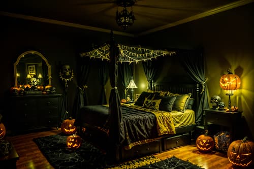 photo from pinterest of halloween-style interior designed (bedroom interior) with night light and headboard and dresser closet and mirror and plant and bedside table or night stand and bed and storage bench or ottoman. . with lanterns and skeletons sitting and standing and human skulls and glowing pumpkins and yellow black balloons and spiderwebs and cobwebs and lanterns. . cinematic photo, highly detailed, cinematic lighting, ultra-detailed, ultrarealistic, photorealism, 8k. trending on pinterest. halloween interior design style. masterpiece, cinematic light, ultrarealistic+, photorealistic+, 8k, raw photo, realistic, sharp focus on eyes, (symmetrical eyes), (intact eyes), hyperrealistic, highest quality, best quality, , highly detailed, masterpiece, best quality, extremely detailed 8k wallpaper, masterpiece, best quality, ultra-detailed, best shadow, detailed background, detailed face, detailed eyes, high contrast, best illumination, detailed face, dulux, caustic, dynamic angle, detailed glow. dramatic lighting. highly detailed, insanely detailed hair, symmetrical, intricate details, professionally retouched, 8k high definition. strong bokeh. award winning photo.