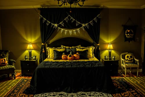 photo from pinterest of halloween-style interior designed (bedroom interior) with night light and headboard and dresser closet and mirror and plant and bedside table or night stand and bed and storage bench or ottoman. . with lanterns and skeletons sitting and standing and human skulls and glowing pumpkins and yellow black balloons and spiderwebs and cobwebs and lanterns. . cinematic photo, highly detailed, cinematic lighting, ultra-detailed, ultrarealistic, photorealism, 8k. trending on pinterest. halloween interior design style. masterpiece, cinematic light, ultrarealistic+, photorealistic+, 8k, raw photo, realistic, sharp focus on eyes, (symmetrical eyes), (intact eyes), hyperrealistic, highest quality, best quality, , highly detailed, masterpiece, best quality, extremely detailed 8k wallpaper, masterpiece, best quality, ultra-detailed, best shadow, detailed background, detailed face, detailed eyes, high contrast, best illumination, detailed face, dulux, caustic, dynamic angle, detailed glow. dramatic lighting. highly detailed, insanely detailed hair, symmetrical, intricate details, professionally retouched, 8k high definition. strong bokeh. award winning photo.