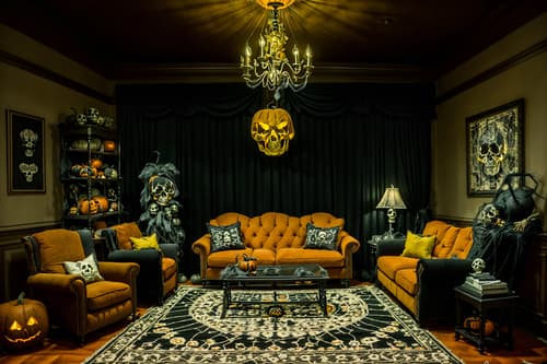 photo from pinterest of halloween-style interior designed (living room interior) with sofa and furniture and coffee tables and rug and chairs and plant and televisions and occasional tables. . with human skulls and cobwebs and spiderwebs and cobwebs and skeletons sitting and standing and glowing pumpkins and yellow black balloons and lanterns. . cinematic photo, highly detailed, cinematic lighting, ultra-detailed, ultrarealistic, photorealism, 8k. trending on pinterest. halloween interior design style. masterpiece, cinematic light, ultrarealistic+, photorealistic+, 8k, raw photo, realistic, sharp focus on eyes, (symmetrical eyes), (intact eyes), hyperrealistic, highest quality, best quality, , highly detailed, masterpiece, best quality, extremely detailed 8k wallpaper, masterpiece, best quality, ultra-detailed, best shadow, detailed background, detailed face, detailed eyes, high contrast, best illumination, detailed face, dulux, caustic, dynamic angle, detailed glow. dramatic lighting. highly detailed, insanely detailed hair, symmetrical, intricate details, professionally retouched, 8k high definition. strong bokeh. award winning photo.