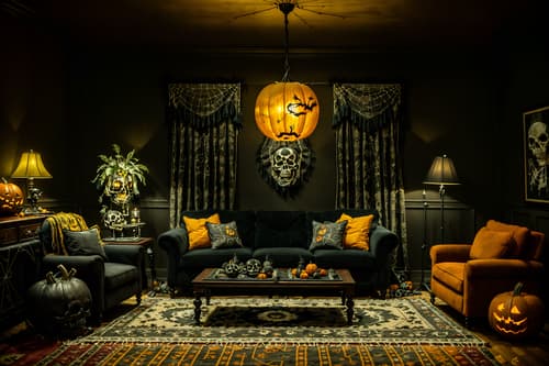photo from pinterest of halloween-style interior designed (living room interior) with sofa and furniture and coffee tables and rug and chairs and plant and televisions and occasional tables. . with human skulls and cobwebs and spiderwebs and cobwebs and skeletons sitting and standing and glowing pumpkins and yellow black balloons and lanterns. . cinematic photo, highly detailed, cinematic lighting, ultra-detailed, ultrarealistic, photorealism, 8k. trending on pinterest. halloween interior design style. masterpiece, cinematic light, ultrarealistic+, photorealistic+, 8k, raw photo, realistic, sharp focus on eyes, (symmetrical eyes), (intact eyes), hyperrealistic, highest quality, best quality, , highly detailed, masterpiece, best quality, extremely detailed 8k wallpaper, masterpiece, best quality, ultra-detailed, best shadow, detailed background, detailed face, detailed eyes, high contrast, best illumination, detailed face, dulux, caustic, dynamic angle, detailed glow. dramatic lighting. highly detailed, insanely detailed hair, symmetrical, intricate details, professionally retouched, 8k high definition. strong bokeh. award winning photo.