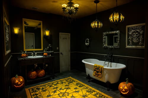 photo from pinterest of halloween-style interior designed (bathroom interior) with waste basket and bathroom cabinet and bathroom sink with faucet and bathtub and plant and mirror and bath rail and toilet seat. . with cobwebs and human skulls and lanterns and glowing pumpkins and cobwebs and spiderwebs and yellow black balloons and lanterns. . cinematic photo, highly detailed, cinematic lighting, ultra-detailed, ultrarealistic, photorealism, 8k. trending on pinterest. halloween interior design style. masterpiece, cinematic light, ultrarealistic+, photorealistic+, 8k, raw photo, realistic, sharp focus on eyes, (symmetrical eyes), (intact eyes), hyperrealistic, highest quality, best quality, , highly detailed, masterpiece, best quality, extremely detailed 8k wallpaper, masterpiece, best quality, ultra-detailed, best shadow, detailed background, detailed face, detailed eyes, high contrast, best illumination, detailed face, dulux, caustic, dynamic angle, detailed glow. dramatic lighting. highly detailed, insanely detailed hair, symmetrical, intricate details, professionally retouched, 8k high definition. strong bokeh. award winning photo.