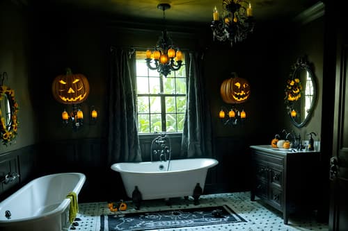 photo from pinterest of halloween-style interior designed (bathroom interior) with waste basket and bathroom cabinet and bathroom sink with faucet and bathtub and plant and mirror and bath rail and toilet seat. . with cobwebs and human skulls and lanterns and glowing pumpkins and cobwebs and spiderwebs and yellow black balloons and lanterns. . cinematic photo, highly detailed, cinematic lighting, ultra-detailed, ultrarealistic, photorealism, 8k. trending on pinterest. halloween interior design style. masterpiece, cinematic light, ultrarealistic+, photorealistic+, 8k, raw photo, realistic, sharp focus on eyes, (symmetrical eyes), (intact eyes), hyperrealistic, highest quality, best quality, , highly detailed, masterpiece, best quality, extremely detailed 8k wallpaper, masterpiece, best quality, ultra-detailed, best shadow, detailed background, detailed face, detailed eyes, high contrast, best illumination, detailed face, dulux, caustic, dynamic angle, detailed glow. dramatic lighting. highly detailed, insanely detailed hair, symmetrical, intricate details, professionally retouched, 8k high definition. strong bokeh. award winning photo.