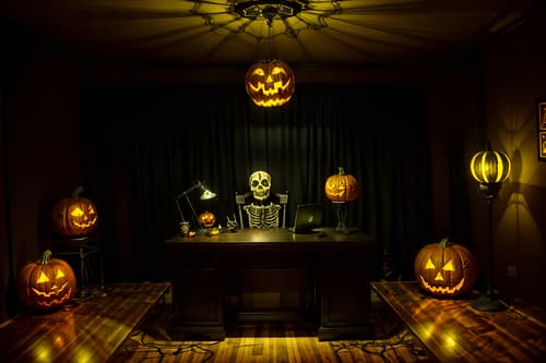 photo from pinterest of halloween-style interior designed (home office interior) with computer desk and plant and cabinets and desk lamp and office chair and computer desk. . with yellow black balloons and cobwebs and skeletons sitting and standing and lanterns and lanterns and glowing pumpkins and human skulls and spiderwebs. . cinematic photo, highly detailed, cinematic lighting, ultra-detailed, ultrarealistic, photorealism, 8k. trending on pinterest. halloween interior design style. masterpiece, cinematic light, ultrarealistic+, photorealistic+, 8k, raw photo, realistic, sharp focus on eyes, (symmetrical eyes), (intact eyes), hyperrealistic, highest quality, best quality, , highly detailed, masterpiece, best quality, extremely detailed 8k wallpaper, masterpiece, best quality, ultra-detailed, best shadow, detailed background, detailed face, detailed eyes, high contrast, best illumination, detailed face, dulux, caustic, dynamic angle, detailed glow. dramatic lighting. highly detailed, insanely detailed hair, symmetrical, intricate details, professionally retouched, 8k high definition. strong bokeh. award winning photo.