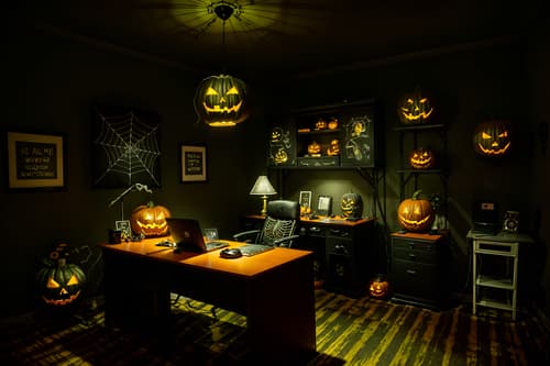 photo from pinterest of halloween-style interior designed (home office interior) with computer desk and plant and cabinets and desk lamp and office chair and computer desk. . with yellow black balloons and cobwebs and skeletons sitting and standing and lanterns and lanterns and glowing pumpkins and human skulls and spiderwebs. . cinematic photo, highly detailed, cinematic lighting, ultra-detailed, ultrarealistic, photorealism, 8k. trending on pinterest. halloween interior design style. masterpiece, cinematic light, ultrarealistic+, photorealistic+, 8k, raw photo, realistic, sharp focus on eyes, (symmetrical eyes), (intact eyes), hyperrealistic, highest quality, best quality, , highly detailed, masterpiece, best quality, extremely detailed 8k wallpaper, masterpiece, best quality, ultra-detailed, best shadow, detailed background, detailed face, detailed eyes, high contrast, best illumination, detailed face, dulux, caustic, dynamic angle, detailed glow. dramatic lighting. highly detailed, insanely detailed hair, symmetrical, intricate details, professionally retouched, 8k high definition. strong bokeh. award winning photo.
