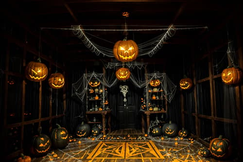 photo from pinterest of halloween-style interior designed (clothing store interior) . with cobwebs and spiderwebs and cobwebs and glowing pumpkins and human skulls and lanterns and yellow black balloons and lanterns. . cinematic photo, highly detailed, cinematic lighting, ultra-detailed, ultrarealistic, photorealism, 8k. trending on pinterest. halloween interior design style. masterpiece, cinematic light, ultrarealistic+, photorealistic+, 8k, raw photo, realistic, sharp focus on eyes, (symmetrical eyes), (intact eyes), hyperrealistic, highest quality, best quality, , highly detailed, masterpiece, best quality, extremely detailed 8k wallpaper, masterpiece, best quality, ultra-detailed, best shadow, detailed background, detailed face, detailed eyes, high contrast, best illumination, detailed face, dulux, caustic, dynamic angle, detailed glow. dramatic lighting. highly detailed, insanely detailed hair, symmetrical, intricate details, professionally retouched, 8k high definition. strong bokeh. award winning photo.