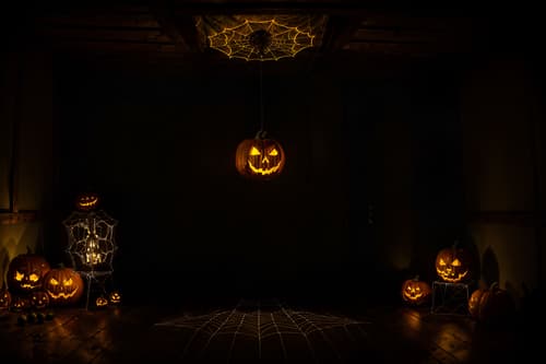 photo from pinterest of halloween-style interior designed (attic interior) . with glowing pumpkins and human skulls and yellow black balloons and cobwebs and lanterns and lanterns and spiderwebs and skeletons sitting and standing. . cinematic photo, highly detailed, cinematic lighting, ultra-detailed, ultrarealistic, photorealism, 8k. trending on pinterest. halloween interior design style. masterpiece, cinematic light, ultrarealistic+, photorealistic+, 8k, raw photo, realistic, sharp focus on eyes, (symmetrical eyes), (intact eyes), hyperrealistic, highest quality, best quality, , highly detailed, masterpiece, best quality, extremely detailed 8k wallpaper, masterpiece, best quality, ultra-detailed, best shadow, detailed background, detailed face, detailed eyes, high contrast, best illumination, detailed face, dulux, caustic, dynamic angle, detailed glow. dramatic lighting. highly detailed, insanely detailed hair, symmetrical, intricate details, professionally retouched, 8k high definition. strong bokeh. award winning photo.