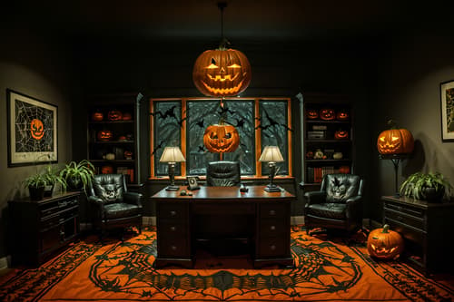 photo from pinterest of halloween-style interior designed (office interior) with office chairs and computer desks and windows and cabinets and lounge chairs and desk lamps and office desks and plants. . with glowing pumpkins and cobwebs and lanterns and human skulls and lanterns and skeletons sitting and standing and spiderwebs and cobwebs. . cinematic photo, highly detailed, cinematic lighting, ultra-detailed, ultrarealistic, photorealism, 8k. trending on pinterest. halloween interior design style. masterpiece, cinematic light, ultrarealistic+, photorealistic+, 8k, raw photo, realistic, sharp focus on eyes, (symmetrical eyes), (intact eyes), hyperrealistic, highest quality, best quality, , highly detailed, masterpiece, best quality, extremely detailed 8k wallpaper, masterpiece, best quality, ultra-detailed, best shadow, detailed background, detailed face, detailed eyes, high contrast, best illumination, detailed face, dulux, caustic, dynamic angle, detailed glow. dramatic lighting. highly detailed, insanely detailed hair, symmetrical, intricate details, professionally retouched, 8k high definition. strong bokeh. award winning photo.