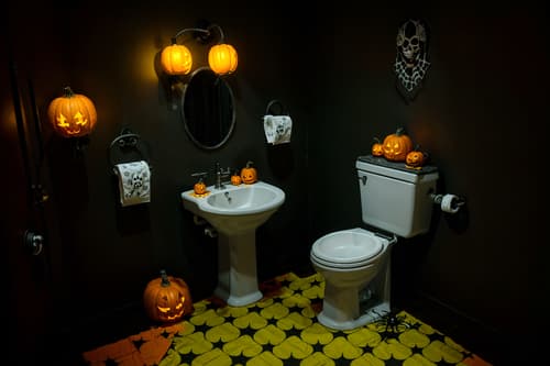 photo from pinterest of halloween-style interior designed (toilet interior) with sink with tap and toilet paper hanger and toilet with toilet seat up and sink with tap. . with yellow black balloons and lanterns and cobwebs and human skulls and lanterns and cobwebs and glowing pumpkins and spiderwebs. . cinematic photo, highly detailed, cinematic lighting, ultra-detailed, ultrarealistic, photorealism, 8k. trending on pinterest. halloween interior design style. masterpiece, cinematic light, ultrarealistic+, photorealistic+, 8k, raw photo, realistic, sharp focus on eyes, (symmetrical eyes), (intact eyes), hyperrealistic, highest quality, best quality, , highly detailed, masterpiece, best quality, extremely detailed 8k wallpaper, masterpiece, best quality, ultra-detailed, best shadow, detailed background, detailed face, detailed eyes, high contrast, best illumination, detailed face, dulux, caustic, dynamic angle, detailed glow. dramatic lighting. highly detailed, insanely detailed hair, symmetrical, intricate details, professionally retouched, 8k high definition. strong bokeh. award winning photo.