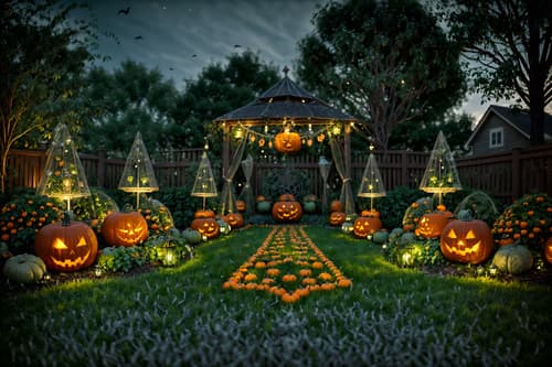 photo from pinterest of halloween-style designed (outdoor garden ) with garden plants and garden tree and grass and garden plants. . with glowing pumpkins and spiderwebs and lanterns and human skulls and lanterns and cobwebs and skeletons sitting and standing and yellow black balloons. . cinematic photo, highly detailed, cinematic lighting, ultra-detailed, ultrarealistic, photorealism, 8k. trending on pinterest. halloween design style. masterpiece, cinematic light, ultrarealistic+, photorealistic+, 8k, raw photo, realistic, sharp focus on eyes, (symmetrical eyes), (intact eyes), hyperrealistic, highest quality, best quality, , highly detailed, masterpiece, best quality, extremely detailed 8k wallpaper, masterpiece, best quality, ultra-detailed, best shadow, detailed background, detailed face, detailed eyes, high contrast, best illumination, detailed face, dulux, caustic, dynamic angle, detailed glow. dramatic lighting. highly detailed, insanely detailed hair, symmetrical, intricate details, professionally retouched, 8k high definition. strong bokeh. award winning photo.