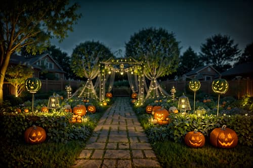 photo from pinterest of halloween-style designed (outdoor garden ) with garden plants and garden tree and grass and garden plants. . with glowing pumpkins and spiderwebs and lanterns and human skulls and lanterns and cobwebs and skeletons sitting and standing and yellow black balloons. . cinematic photo, highly detailed, cinematic lighting, ultra-detailed, ultrarealistic, photorealism, 8k. trending on pinterest. halloween design style. masterpiece, cinematic light, ultrarealistic+, photorealistic+, 8k, raw photo, realistic, sharp focus on eyes, (symmetrical eyes), (intact eyes), hyperrealistic, highest quality, best quality, , highly detailed, masterpiece, best quality, extremely detailed 8k wallpaper, masterpiece, best quality, ultra-detailed, best shadow, detailed background, detailed face, detailed eyes, high contrast, best illumination, detailed face, dulux, caustic, dynamic angle, detailed glow. dramatic lighting. highly detailed, insanely detailed hair, symmetrical, intricate details, professionally retouched, 8k high definition. strong bokeh. award winning photo.